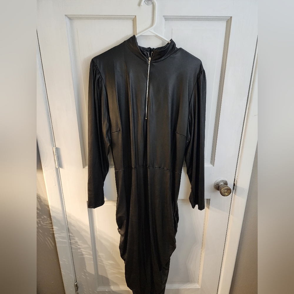 Curvy girl by Ashley Stewart faux leather motorcycle dress with front zip. Black - Picture 3 of 3